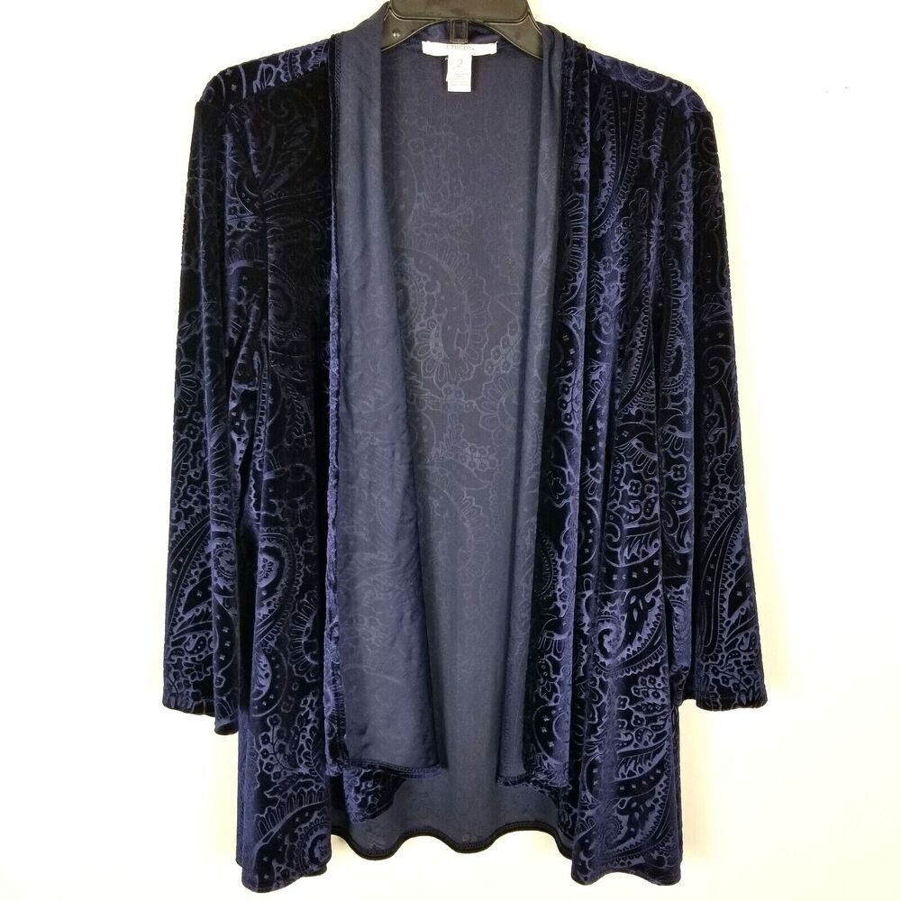 Chico's Women Paisley Burnout Velour Open Front Light Jacket Size L Navy Blue‎